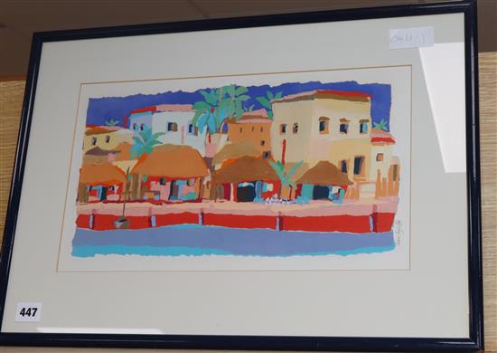 Alex Ayliffe, childrens book illustrator, collage, An African village, signed in pencil, 24 x 41cm